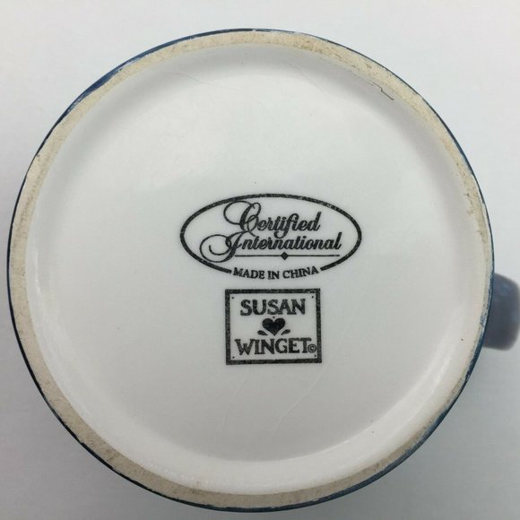 Susan Winget Patchwork Quilt Windmill Flower Basket Blue Ceramic Coffee Tea Mug - Picture 8 of 8